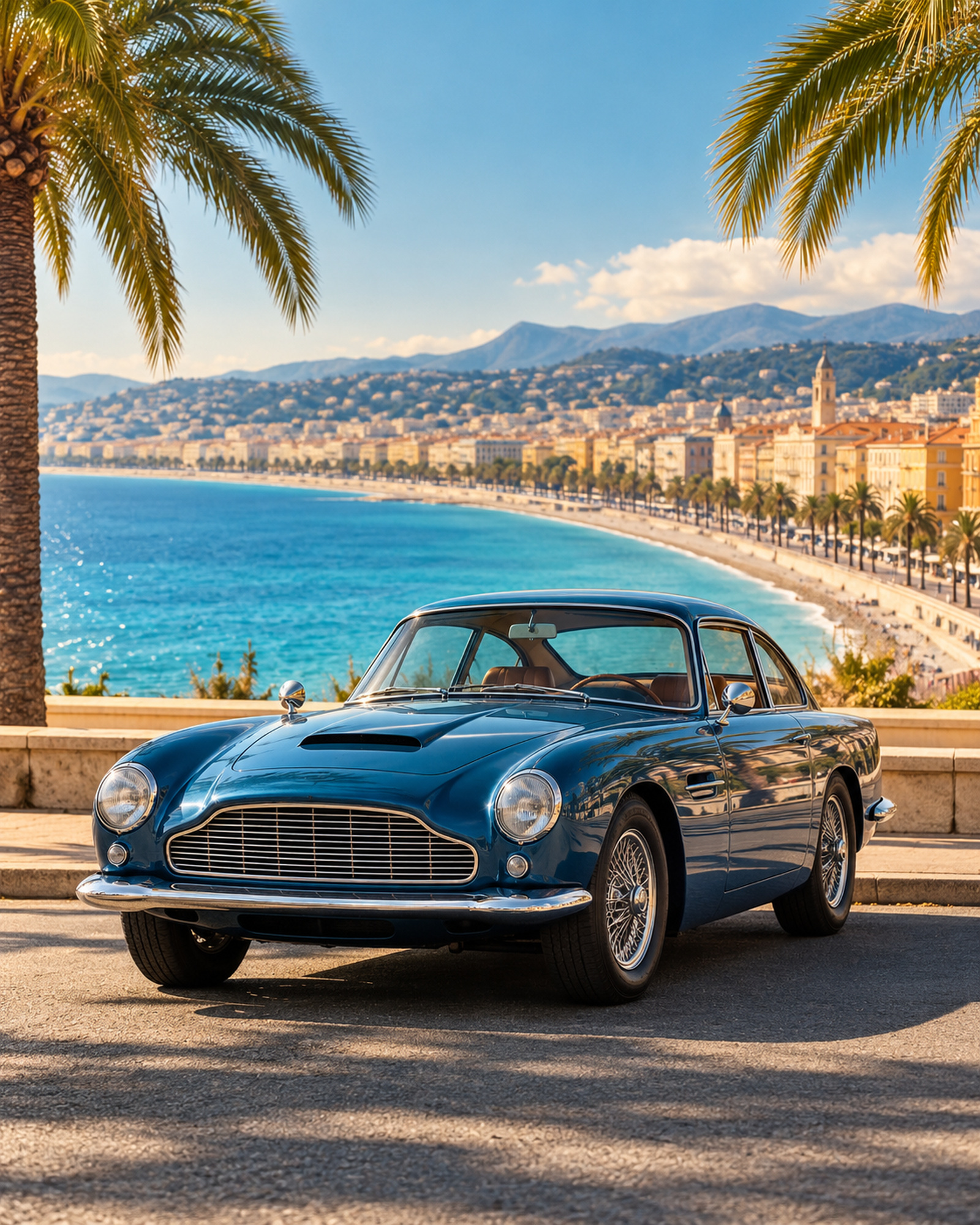 Voiture ancienne bleue face à la Baie des Anges